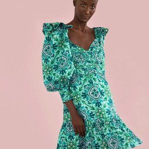 Atelier 17.56 Chiara Green Dress Boho Paisley Print $520 Size Large Puffy Sleeve